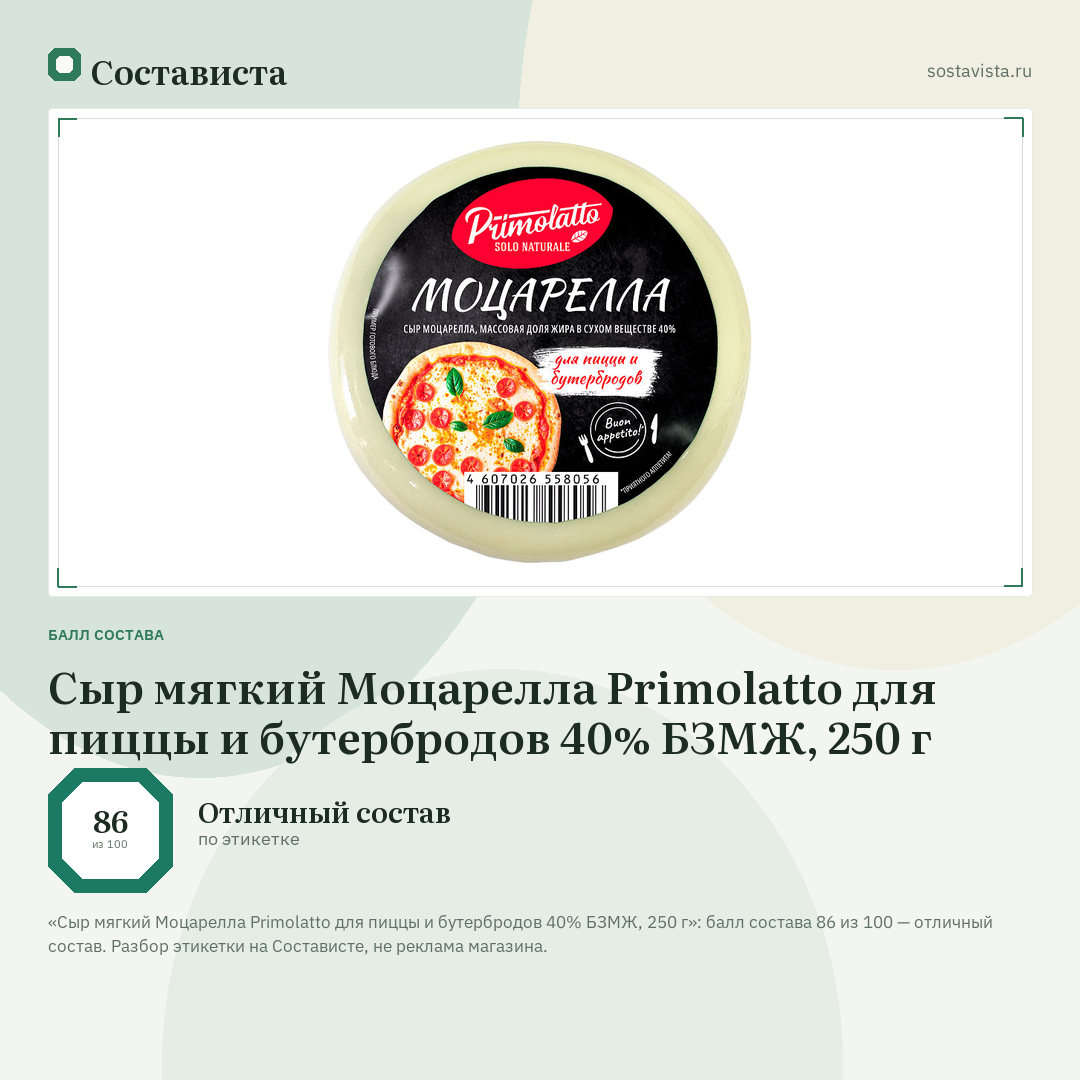 Сыр мягкий Моцарелла Primolatto для пиццы и бутербродов 40% БЗМЖ, 250 г: балл состава 86 из 100 — Состависта
