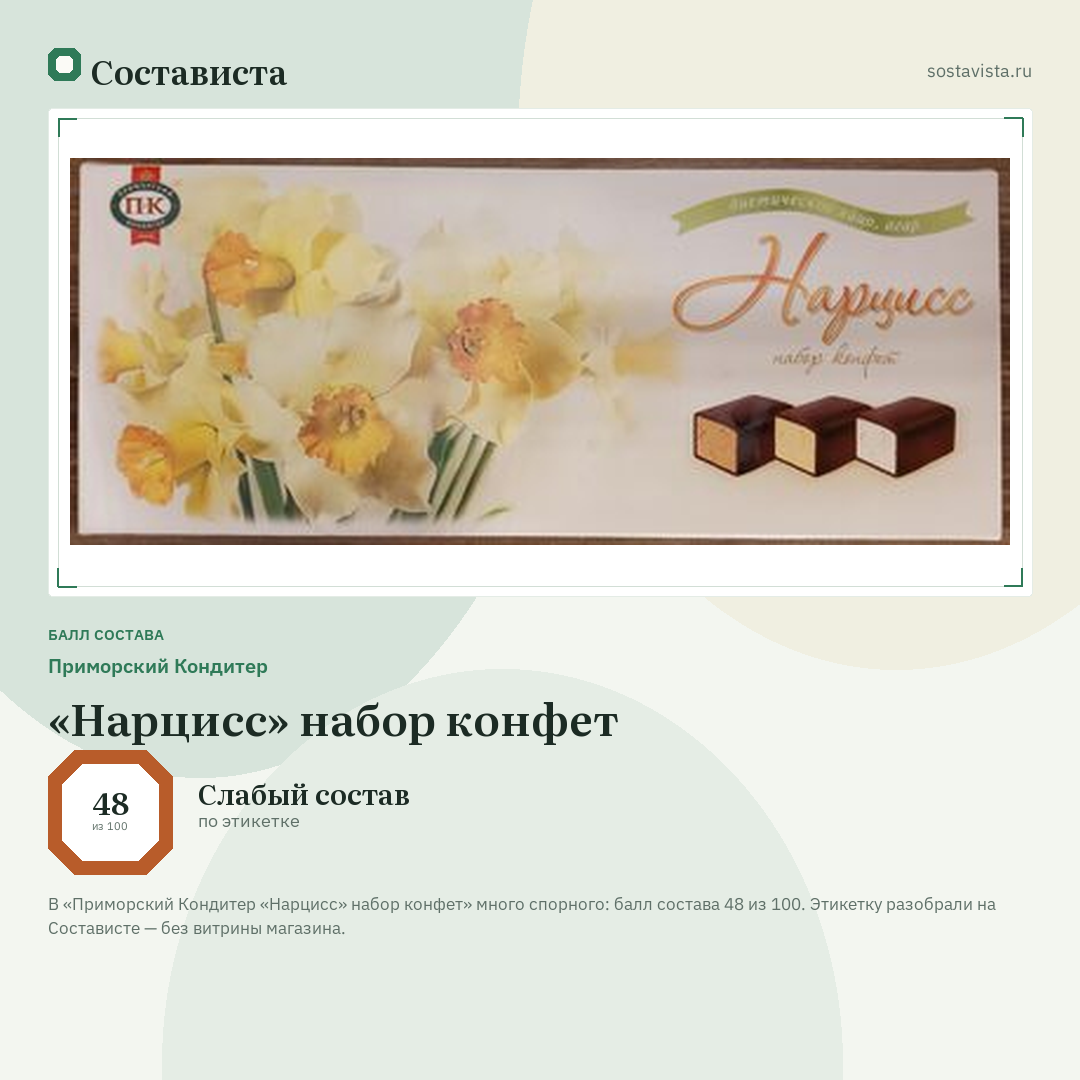 Приморский Кондитер «Нарцисс» набор конфет: балл состава 48 из 100 — Состависта
