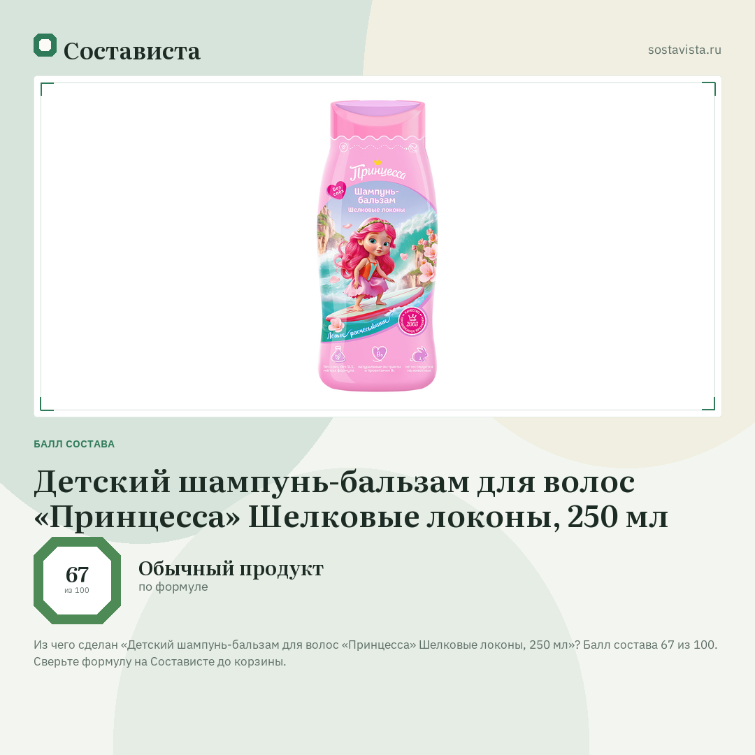 Детский шампунь-бальзам для волос «Принцесса» Шелковые локоны, 250 мл: балл состава 67 из 100 — Состависта