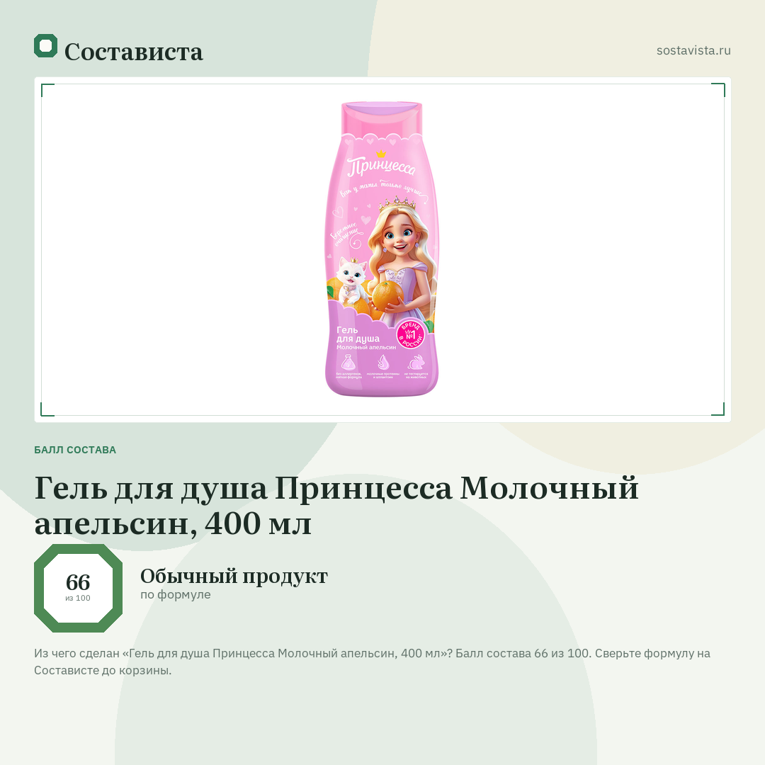 Гель для душа Принцесса Молочный апельсин, 400 мл: балл состава 66 из 100 — Состависта
