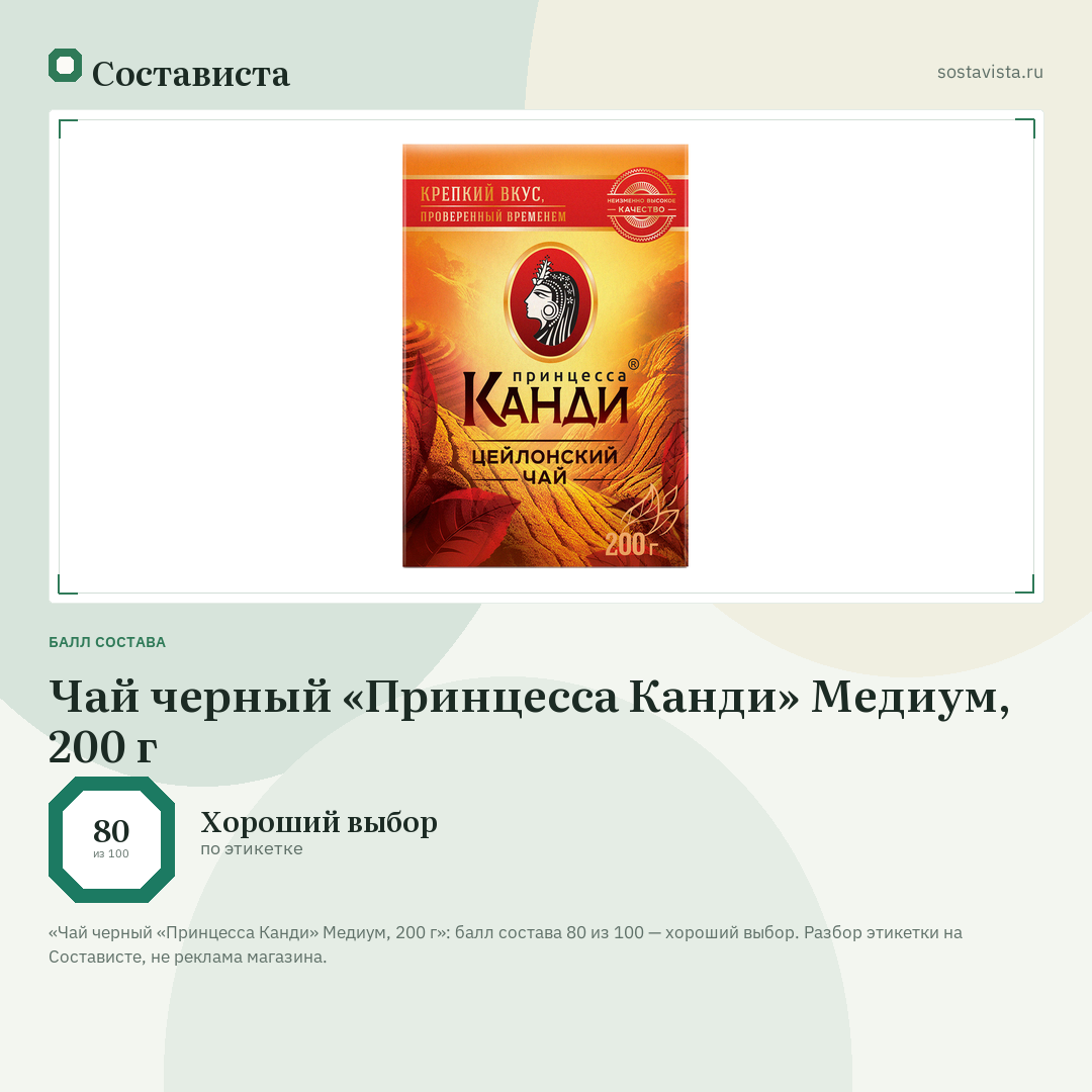 Чай черный «Принцесса Канди» Медиум, 200 г: балл состава 80 из 100 — Состависта