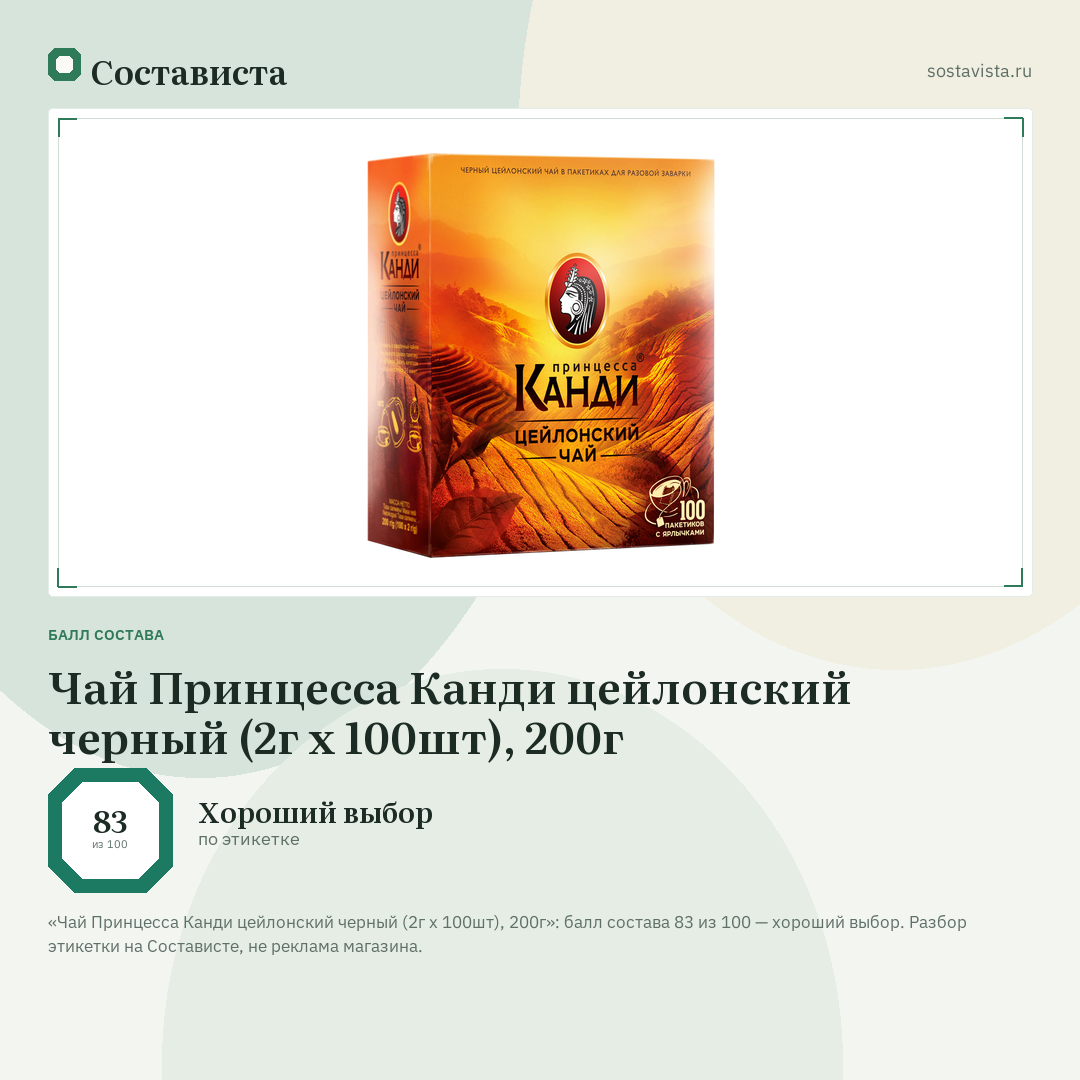 Чай Принцесса Канди цейлонский черный (2г x 100шт), 200г: балл состава 83 из 100 — Состависта