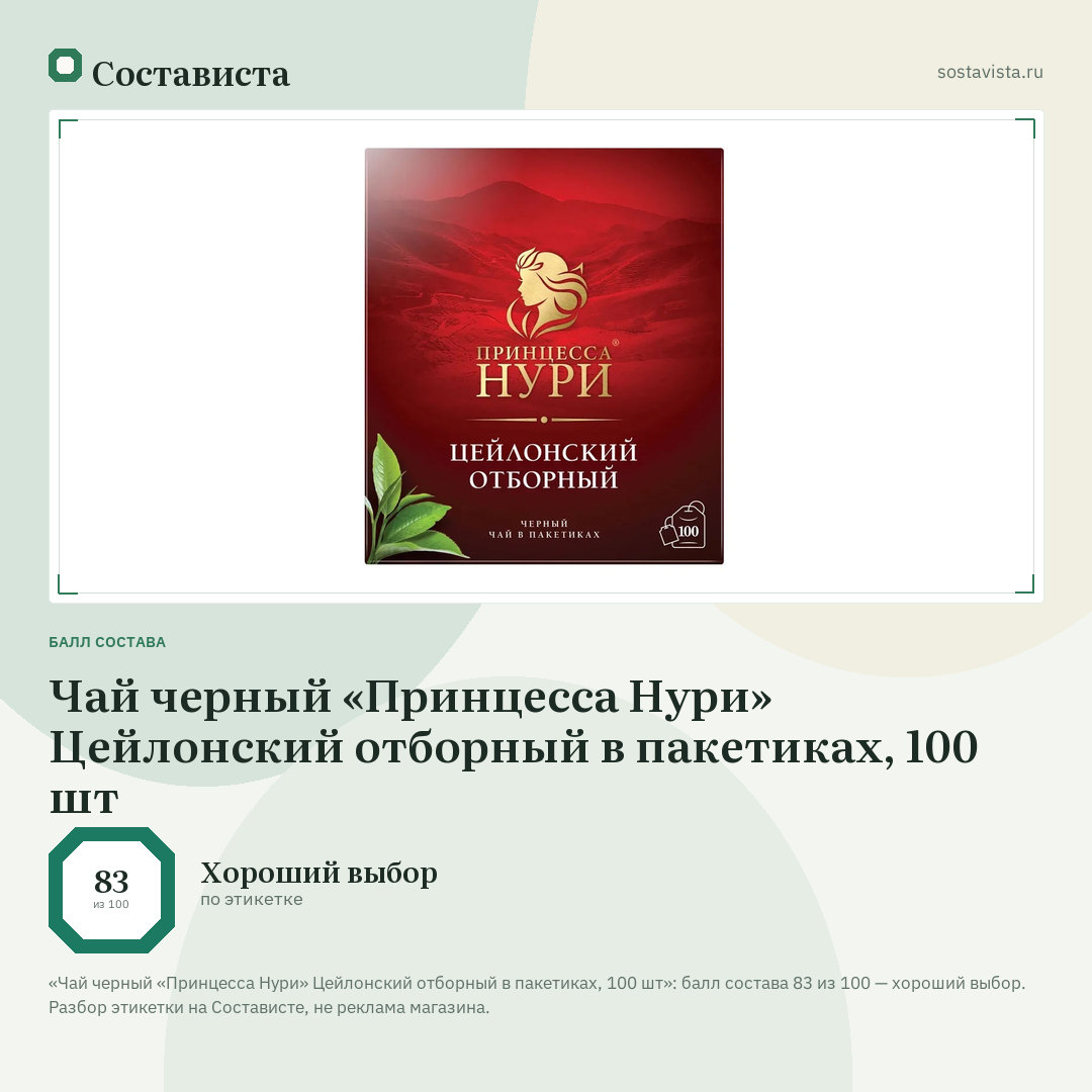 Чай черный «Принцесса Нури» Цейлонский отборный в пакетиках, 100 шт: балл состава 83 из 100 — Состависта