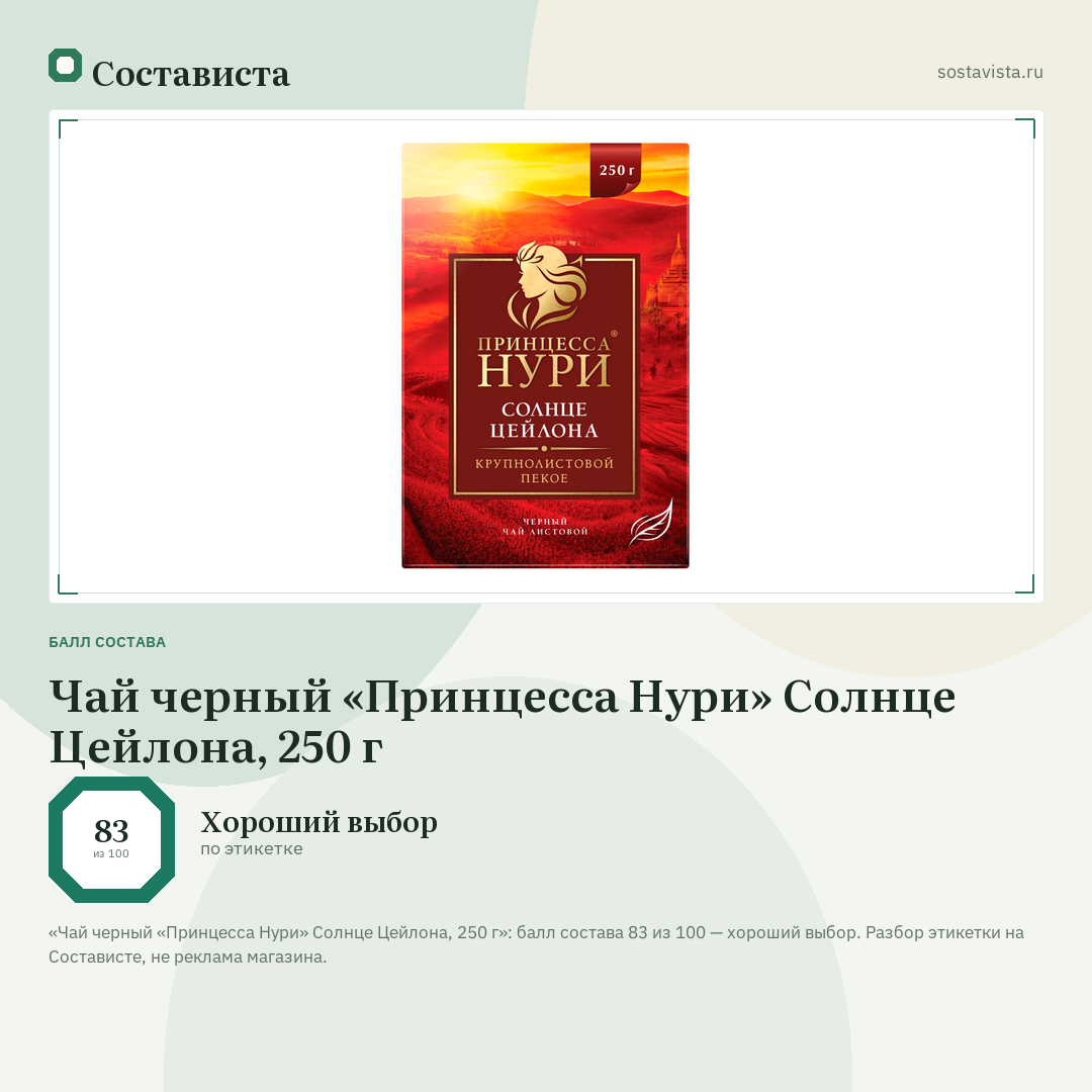 Чай черный «Принцесса Нури» Солнце Цейлона, 250 г: балл состава 83 из 100 — Состависта