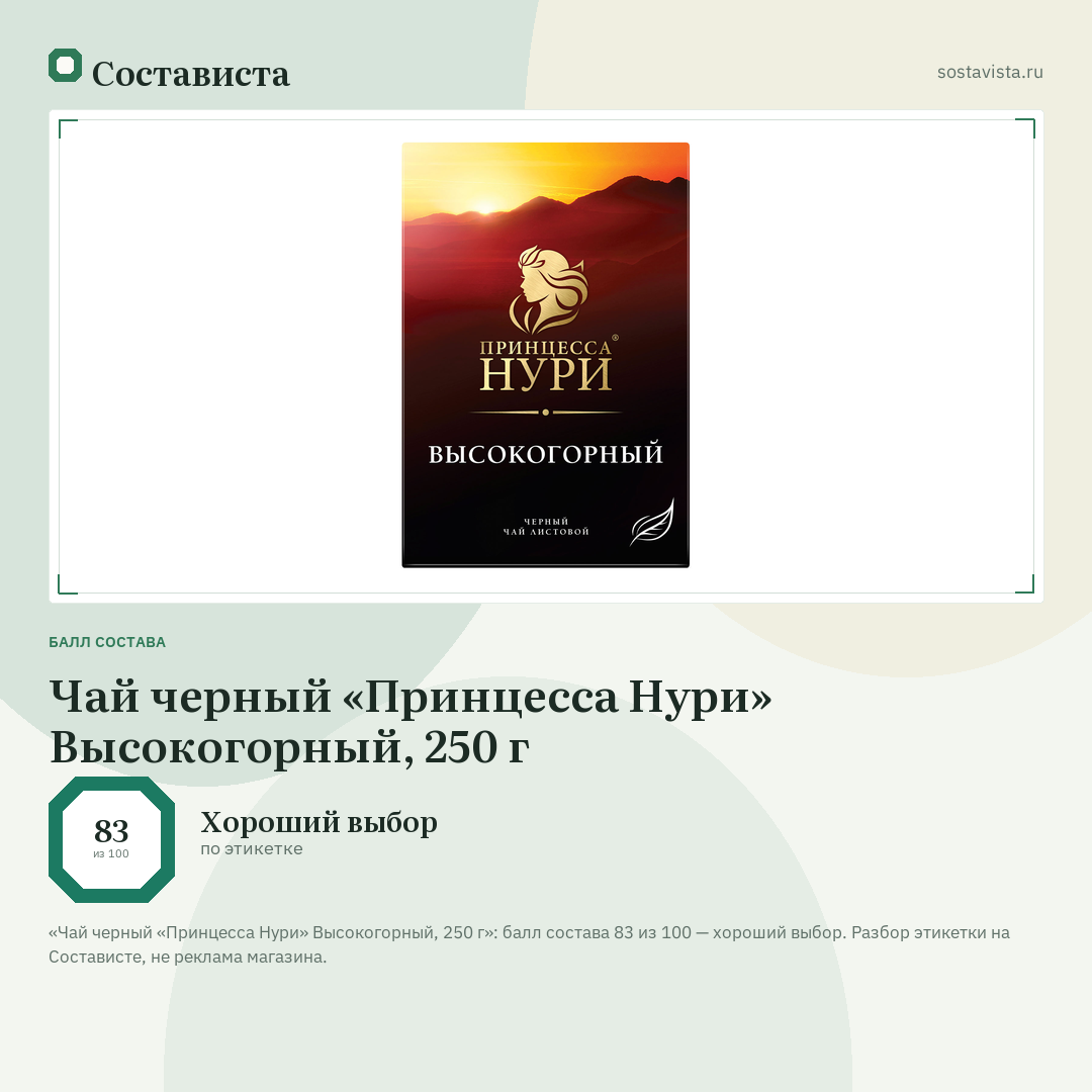 Чай черный «Принцесса Нури» Высокогорный, 250 г: балл состава 83 из 100 — Состависта