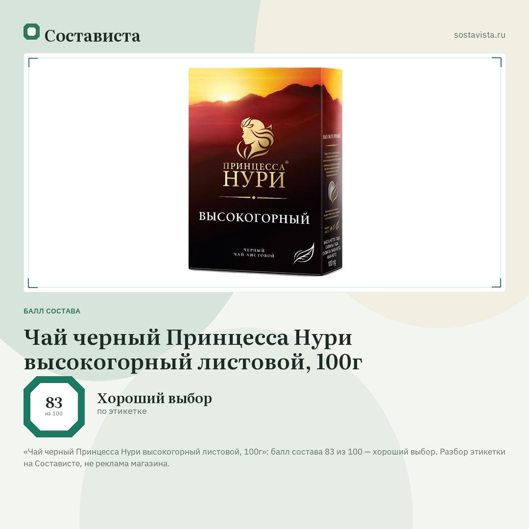 Чай черный Принцесса Нури высокогорный листовой, 100г: балл состава 83 из 100 — Состависта