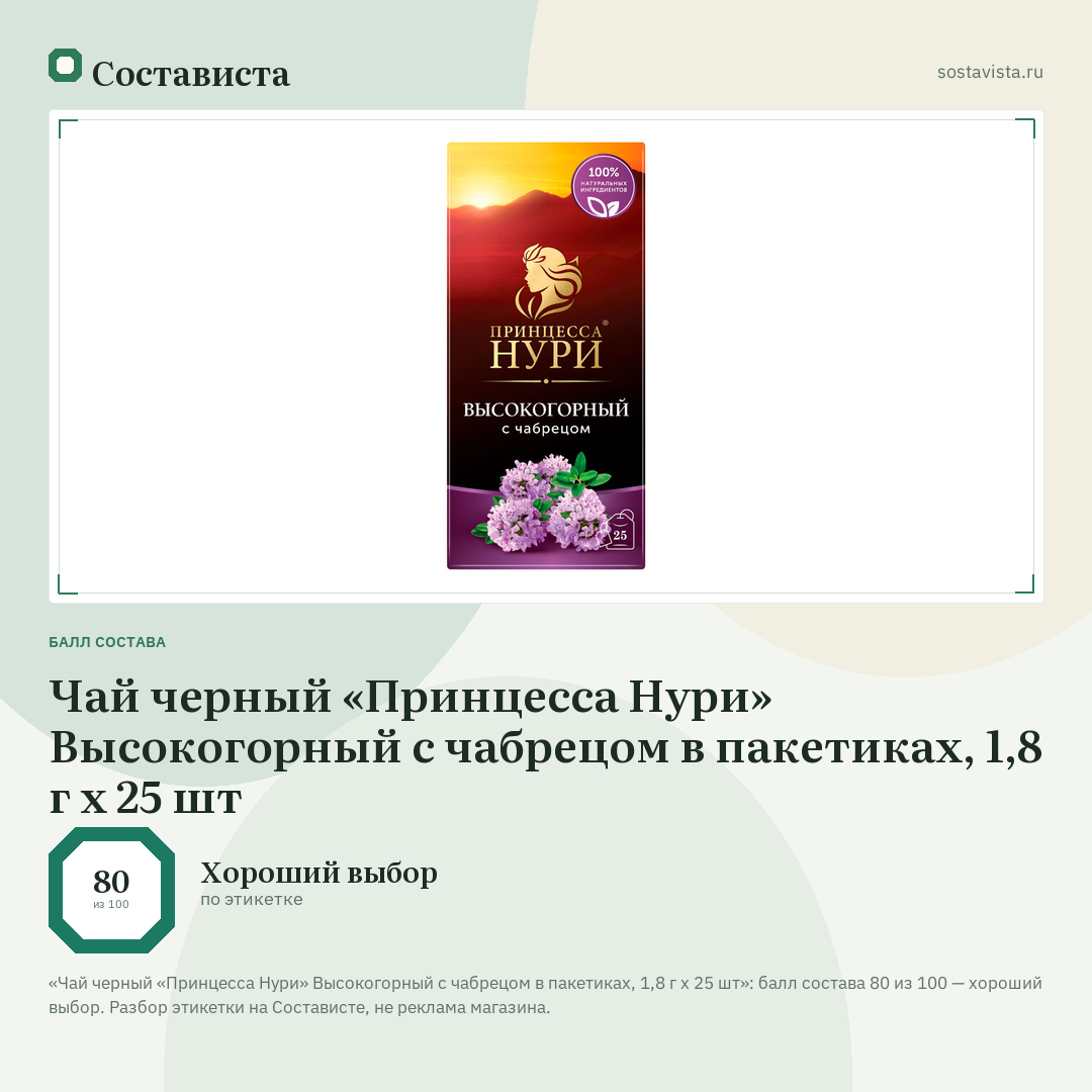 Чай черный «Принцесса Нури» Высокогорный с чабрецом в пакетиках, 1,8 г х 25 шт: балл состава 80 из 100 — Состависта