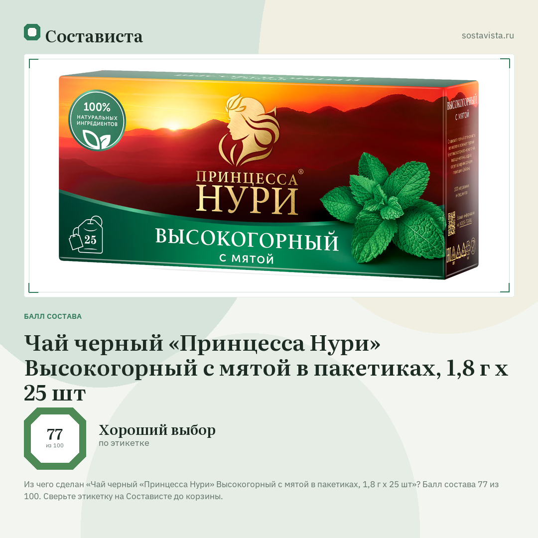 Чай черный «Принцесса Нури» Высокогорный с мятой в пакетиках, 1,8 г х 25 шт: балл состава 77 из 100 — Состависта