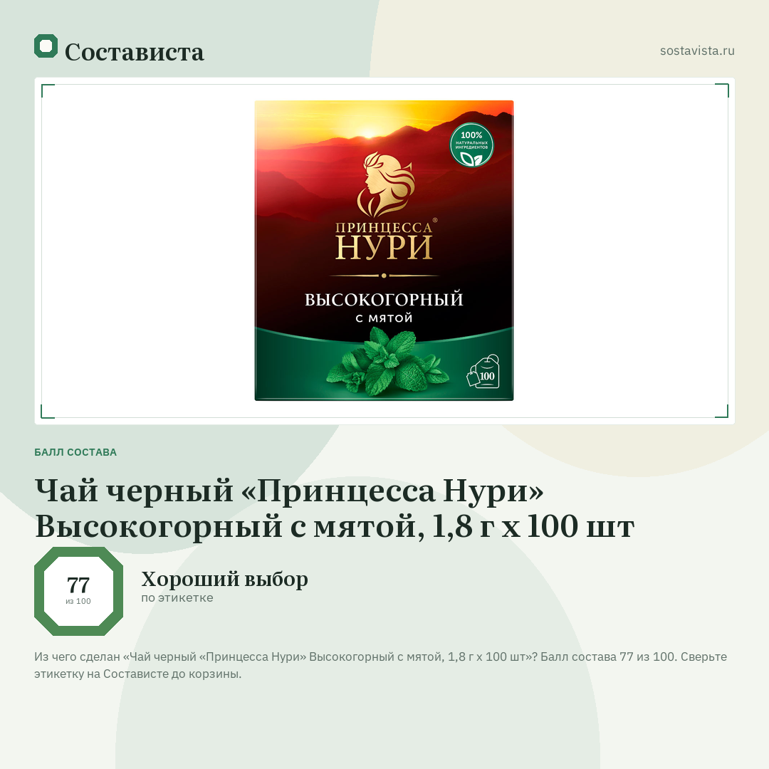 Чай черный «Принцесса Нури» Высокогорный с мятой, 1,8 г x 100 шт: балл состава 77 из 100 — Состависта