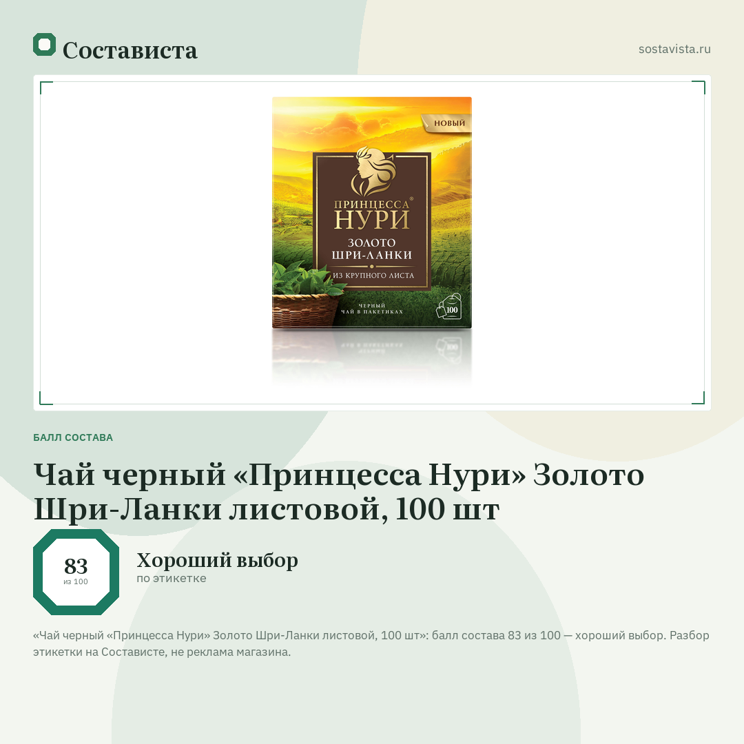 Чай черный «Принцесса Нури» Золото Шри-Ланки листовой, 100 шт: балл состава 83 из 100 — Состависта
