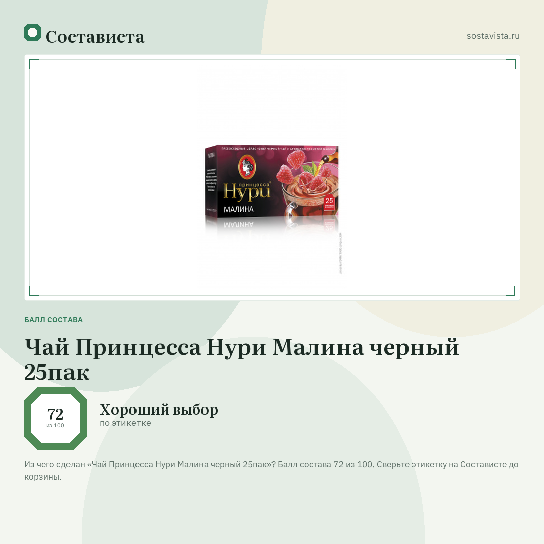 Чай Принцесса Нури Малина черный 25пак: балл состава 72 из 100 — Состависта