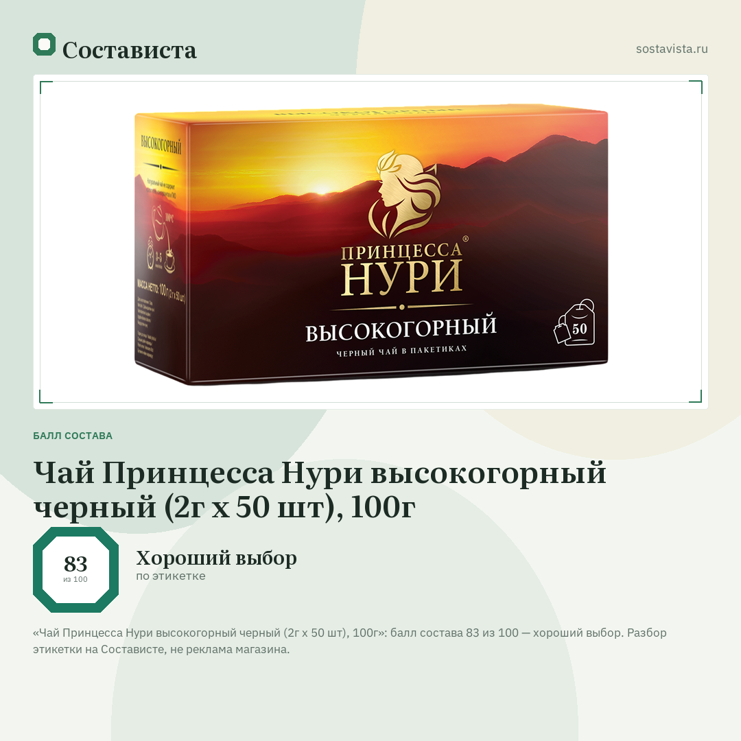 Чай Принцесса Нури высокогорный черный (2г x 50 шт), 100г: балл состава 83 из 100 — Состависта