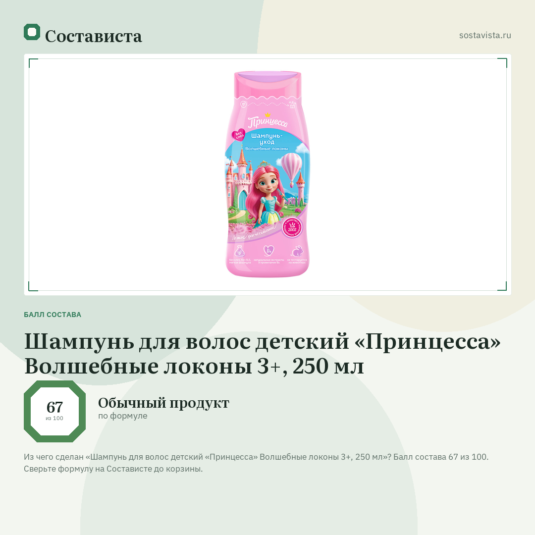 Шампунь для волос детский «Принцесса» Волшебные локоны 3+, 250 мл: балл состава 67 из 100 — Состависта