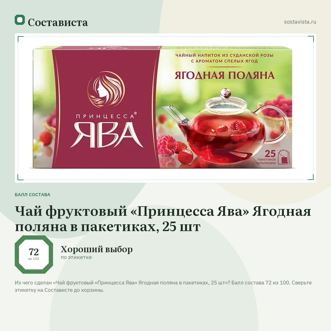 Чай фруктовый «Принцесса Ява» Ягодная поляна в пакетиках, 25 шт: балл состава 72 из 100 — Состависта