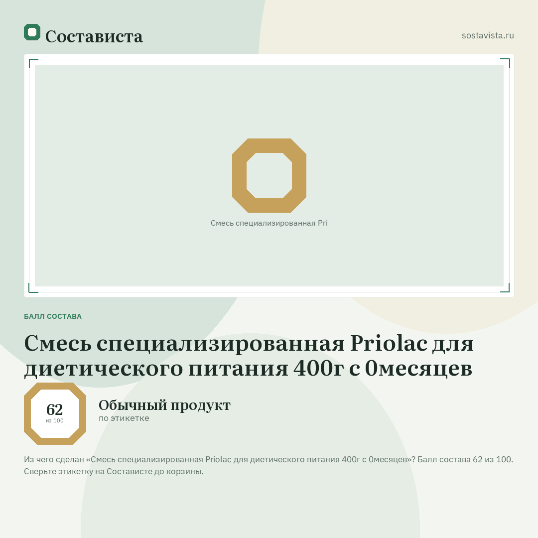 Смесь специализированная Priolac для диетического питания 400г с 0месяцев: балл состава 62 из 100 — Состависта