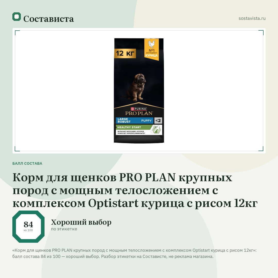 Корм для щенков PRO PLAN крупных пород с мощным телосложением с комплексом Optistart курица с рисом 12кг: балл состава 84 из 100 — Состависта
