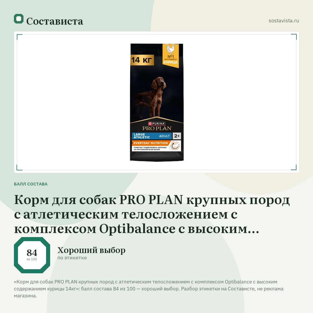 Корм для собак PRO PLAN крупных пород с атлетическим телосложением с комплексом Optibalance с высоким содержанием курицы 14кг: балл состава 84 из 100 — Состависта