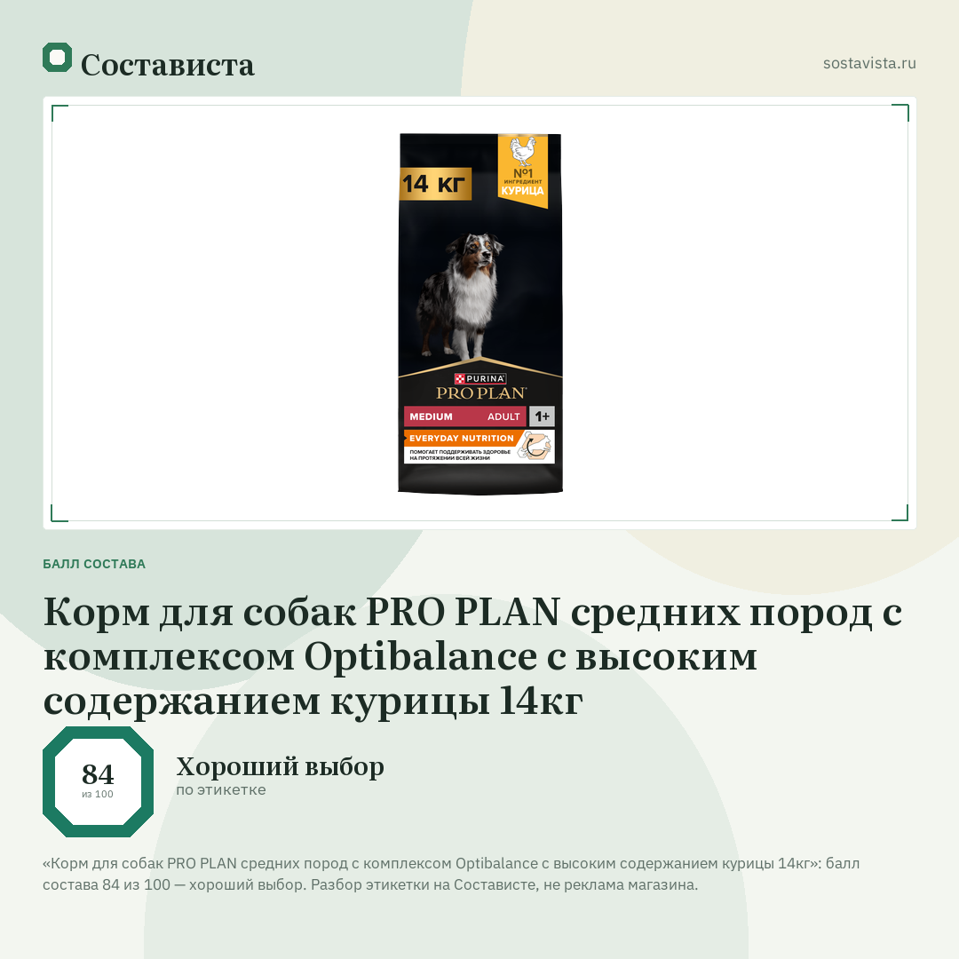 Корм для собак PRO PLAN средних пород с комплексом Optibalance с высоким содержанием курицы 14кг: балл состава 84 из 100 — Состависта