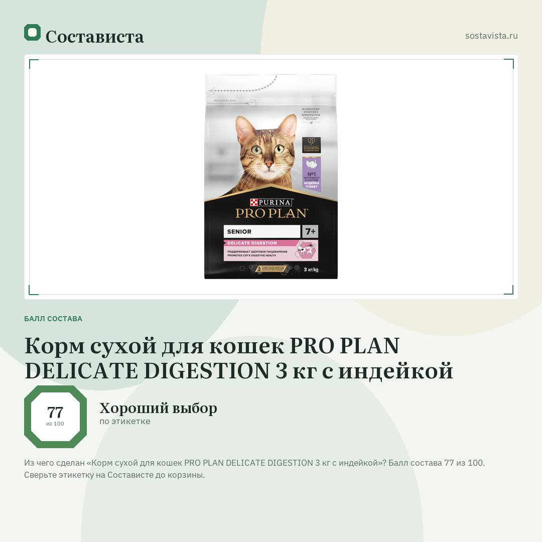 Корм сухой для кошек PRO PLAN DELICATE DIGESTION 3 кг с индейкой: балл состава 77 из 100 — Состависта