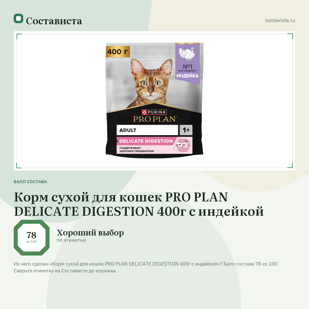 Корм сухой для кошек PRO PLAN DELICATE DIGESTION 400г с индейкой: балл состава 78 из 100 — Состависта