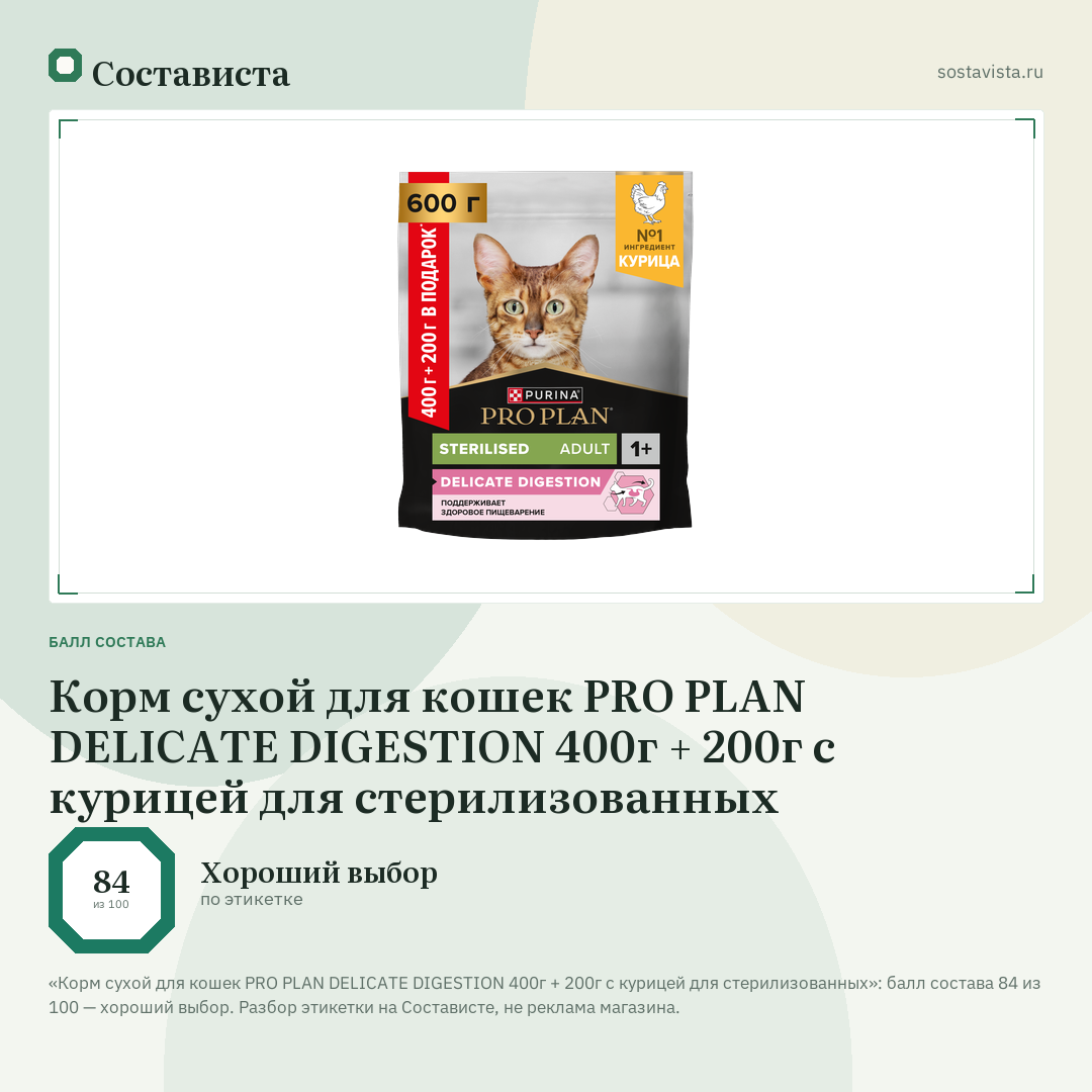 Корм сухой для кошек PRO PLAN DELICATE DIGESTION 400г + 200г с курицей для стерилизованных: балл состава 84 из 100 — Состависта