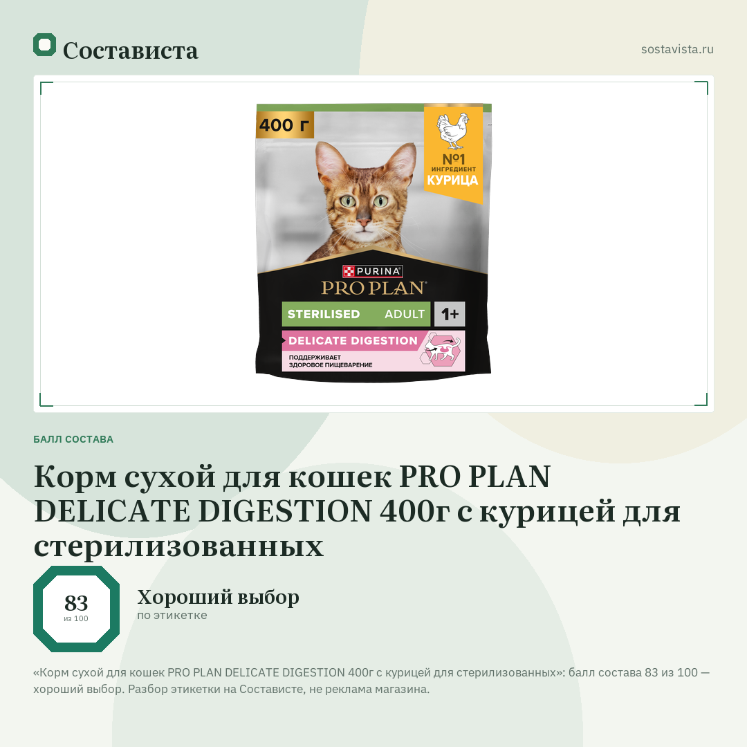 Корм сухой для кошек PRO PLAN DELICATE DIGESTION 400г с курицей для стерилизованных: балл состава 83 из 100 — Состависта