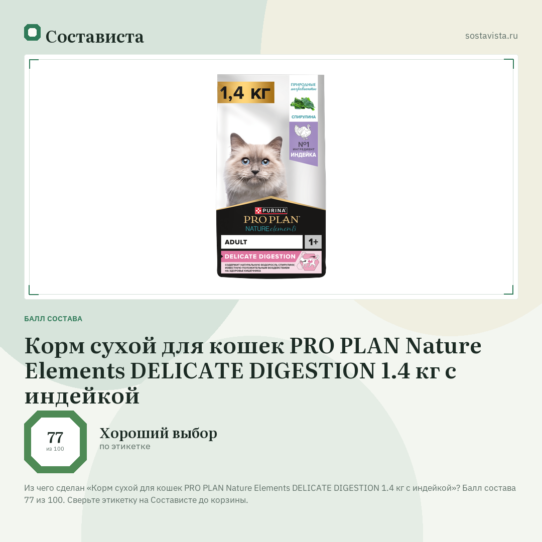 Корм сухой для кошек PRO PLAN Nature Elements DELICATE DIGESTION 1.4 кг с индейкой: балл состава 77 из 100 — Состависта