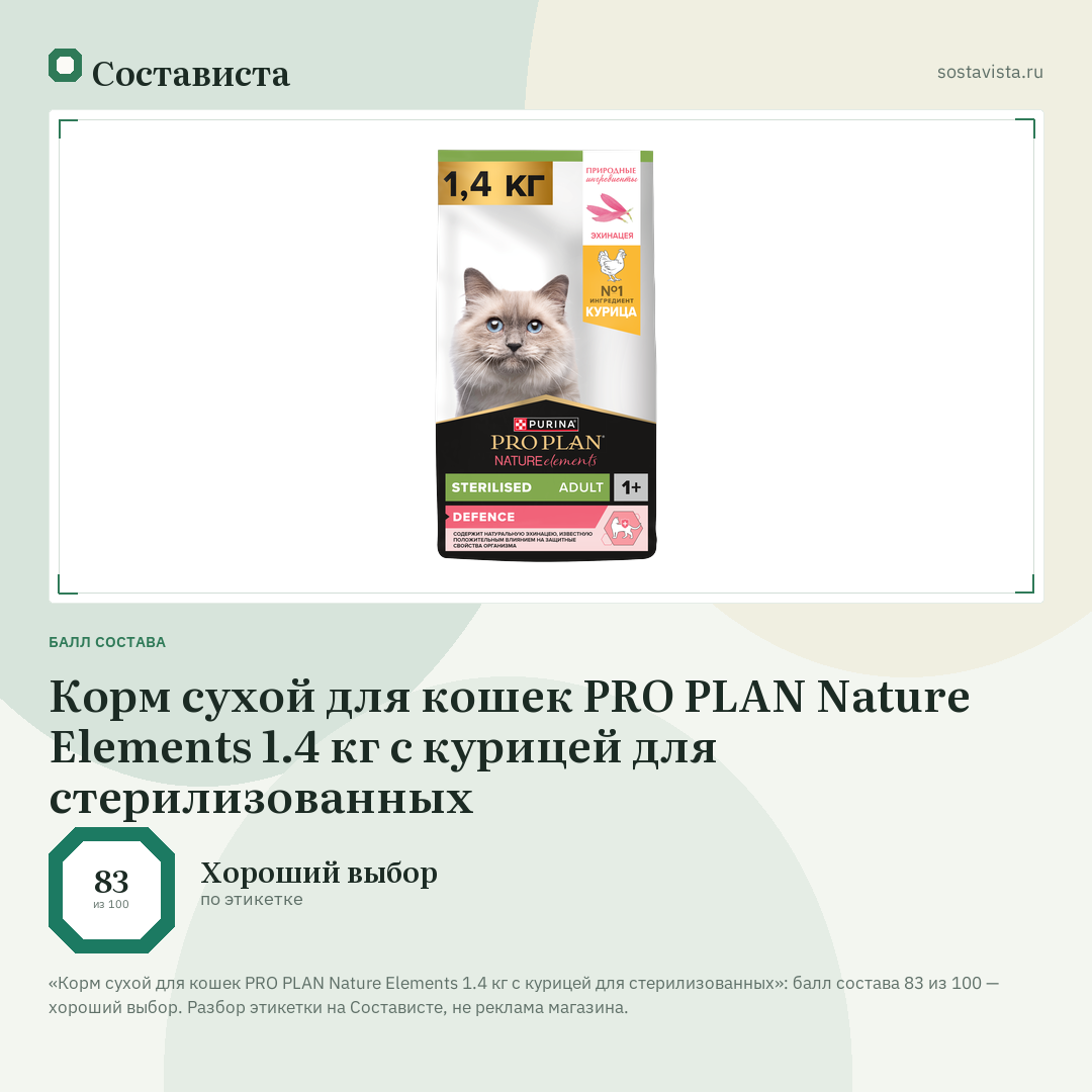Корм сухой для кошек PRO PLAN Nature Elements 1.4 кг с курицей для стерилизованных: балл состава 83 из 100 — Состависта