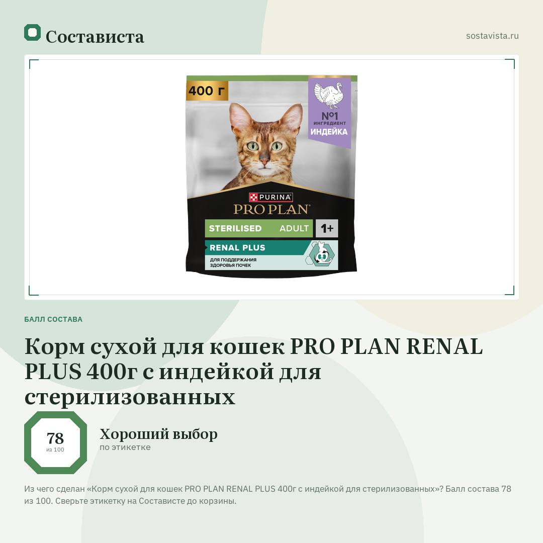 Корм сухой для кошек PRO PLAN RENAL PLUS 400г с индейкой для стерилизованных: балл состава 78 из 100 — Состависта