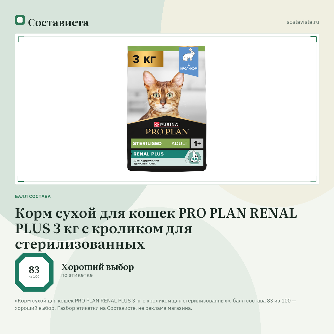 Корм сухой для кошек PRO PLAN RENAL PLUS 3 кг с кроликом для стерилизованных: балл состава 83 из 100 — Состависта