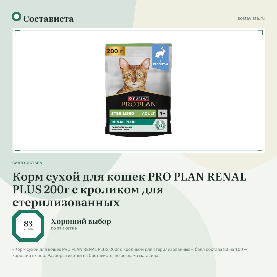 Корм сухой для кошек PRO PLAN RENAL PLUS 200г с кроликом для стерилизованных: балл состава 83 из 100 — Состависта