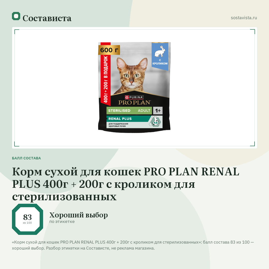 Корм сухой для кошек PRO PLAN RENAL PLUS 400г + 200г с кроликом для стерилизованных: балл состава 83 из 100 — Состависта