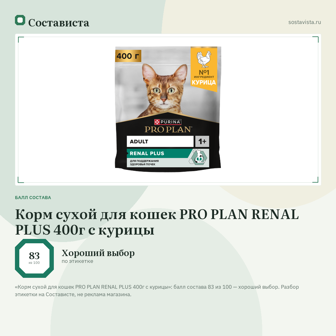 Корм сухой для кошек PRO PLAN RENAL PLUS 400г с курицы: балл состава 83 из 100 — Состависта