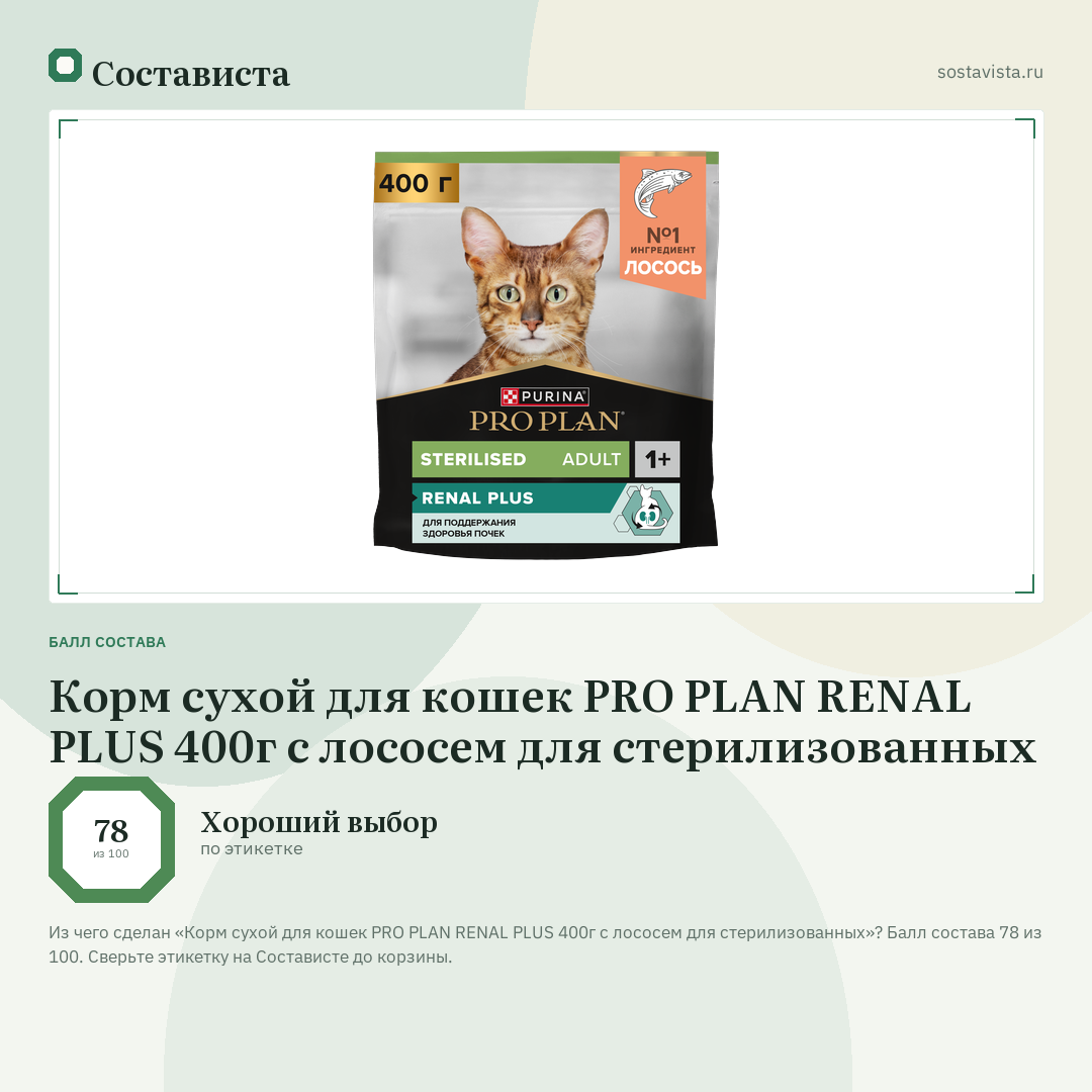 Корм сухой для кошек PRO PLAN RENAL PLUS 400г с лососем для стерилизованных: балл состава 78 из 100 — Состависта