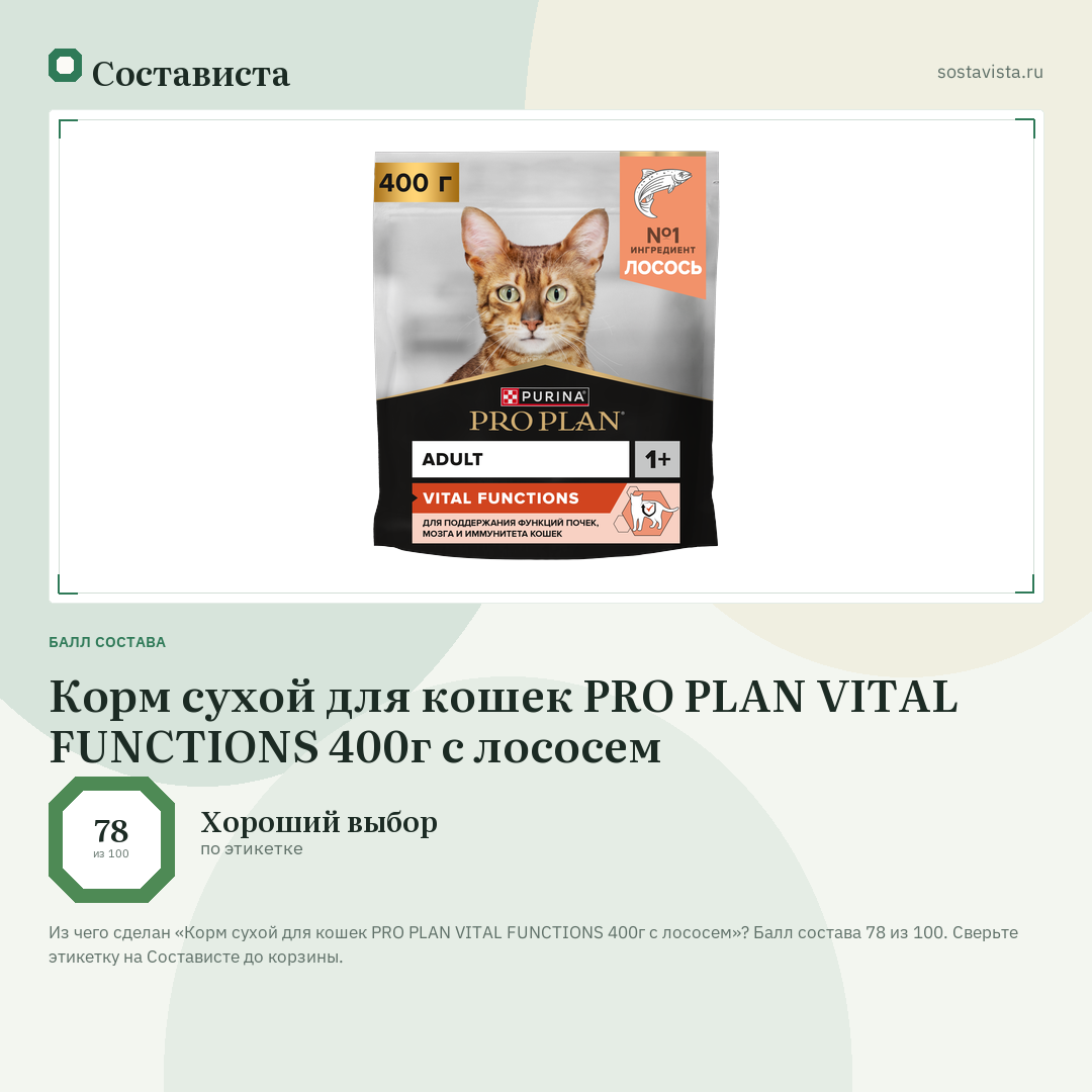 Корм сухой для кошек PRO PLAN VITAL FUNCTIONS 400г с лососем: балл состава 78 из 100 — Состависта