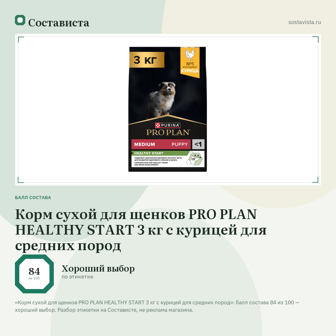 Корм сухой для щенков PRO PLAN HEALTHY START 3 кг с курицей для средних пород: балл состава 84 из 100 — Состависта