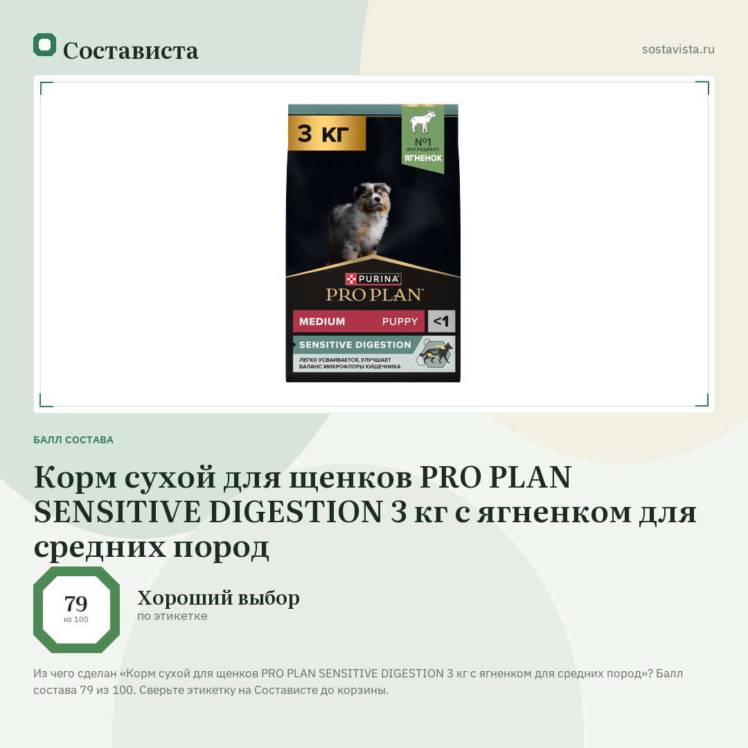 Корм сухой для щенков PRO PLAN SENSITIVE DIGESTION 3 кг с ягненком для средних пород: балл состава 79 из 100 — Состависта
