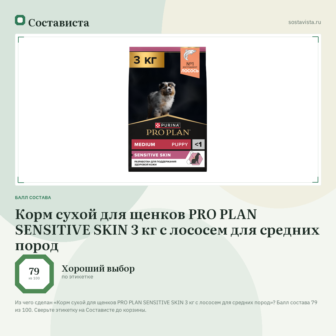 Корм сухой для щенков PRO PLAN SENSITIVE SKIN 3 кг с лососем для средних пород: балл состава 79 из 100 — Состависта