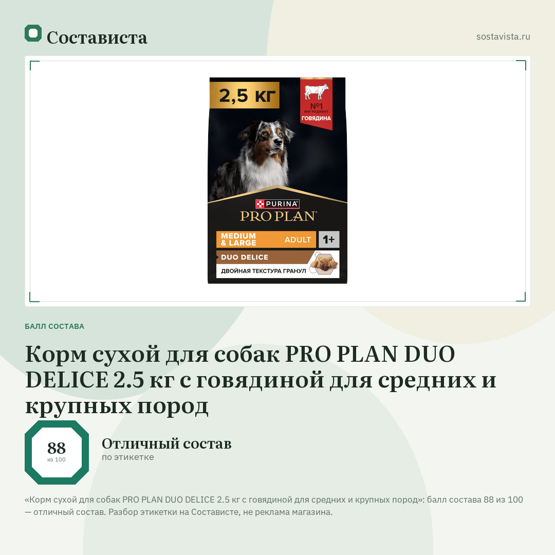Корм сухой для собак PRO PLAN DUO DELICE 2.5 кг с говядиной для средних и крупных пород: балл состава 88 из 100 — Состависта