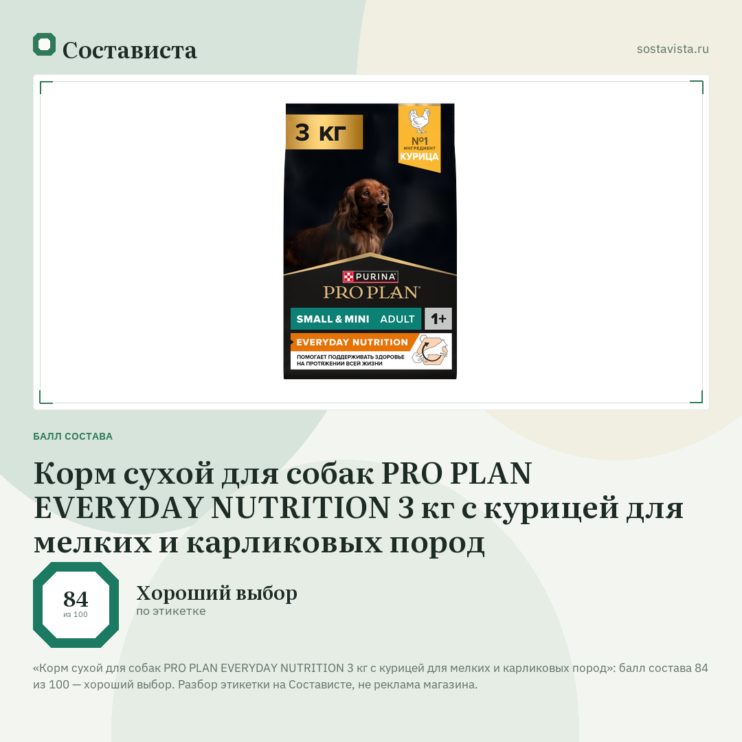 Корм сухой для собак PRO PLAN EVERYDAY NUTRITION 3 кг с курицей для мелких и карликовых пород: балл состава 84 из 100 — Состависта