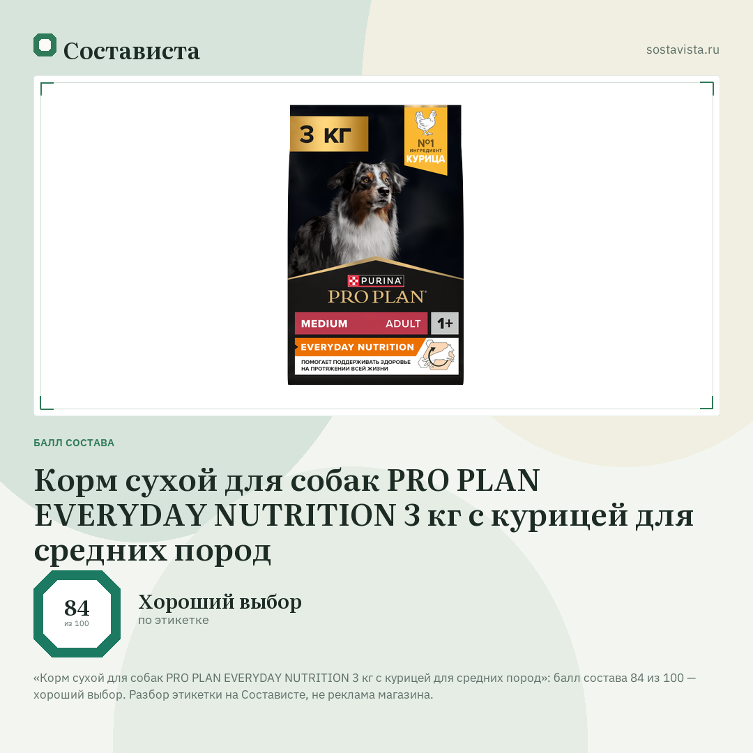 Корм сухой для собак PRO PLAN EVERYDAY NUTRITION 3 кг с курицей для средних пород: балл состава 84 из 100 — Состависта