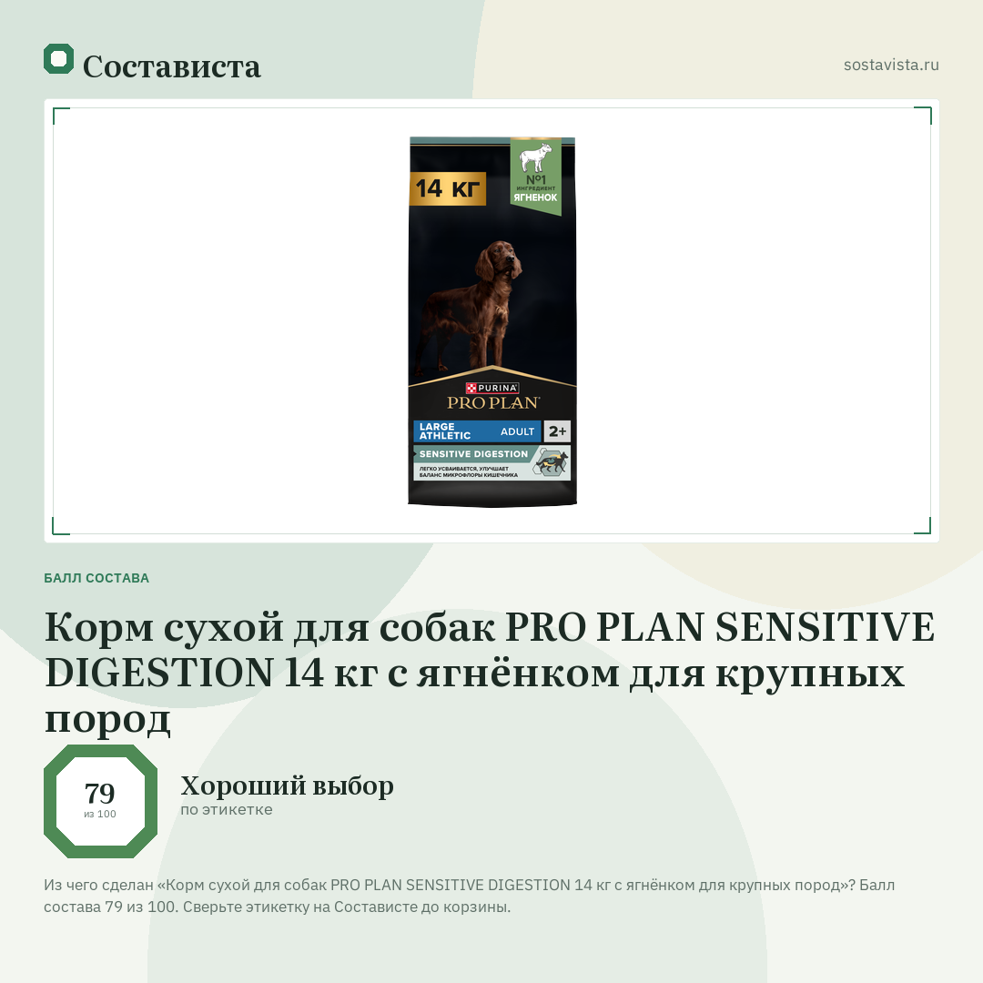 Корм сухой для собак PRO PLAN SENSITIVE DIGESTION 14 кг с ягнёнком для крупных пород: балл состава 79 из 100 — Состависта