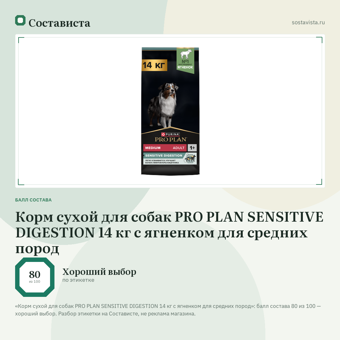 Корм сухой для собак PRO PLAN SENSITIVE DIGESTION 14 кг с ягненком для средних пород: балл состава 80 из 100 — Состависта