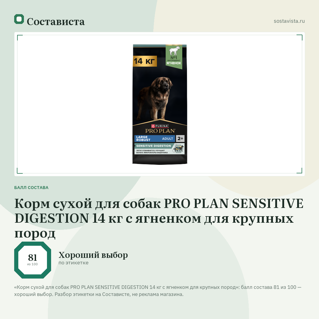 Корм сухой для собак PRO PLAN SENSITIVE DIGESTION 14 кг с ягненком для крупных пород: балл состава 81 из 100 — Состависта