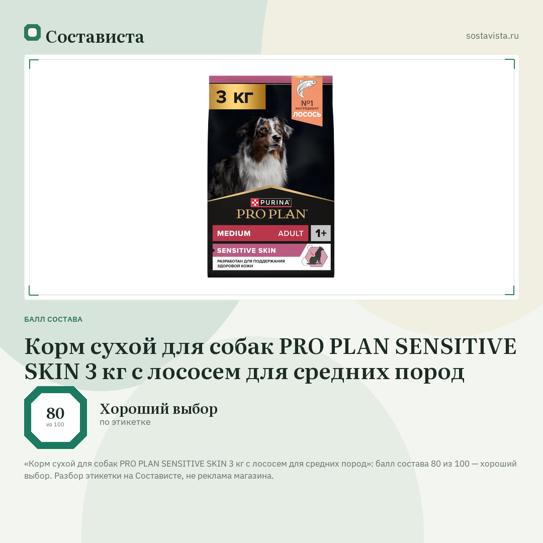 Корм сухой для собак PRO PLAN SENSITIVE SKIN 3 кг с лососем для средних пород: балл состава 80 из 100 — Состависта