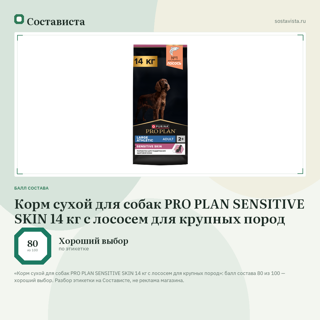 Корм сухой для собак PRO PLAN SENSITIVE SKIN 14 кг с лососем для крупных пород: балл состава 80 из 100 — Состависта