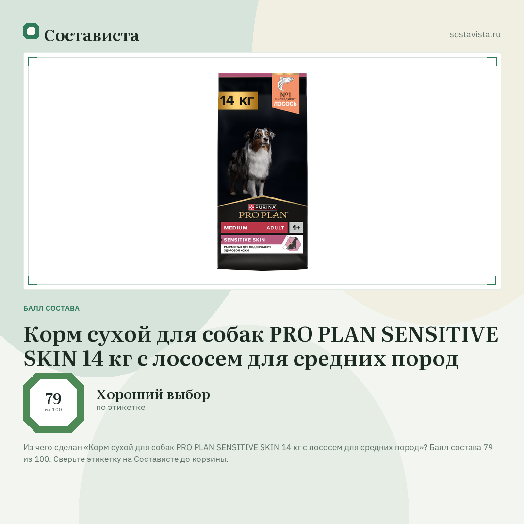 Корм сухой для собак PRO PLAN SENSITIVE SKIN 14 кг с лососем для средних пород: балл состава 79 из 100 — Состависта