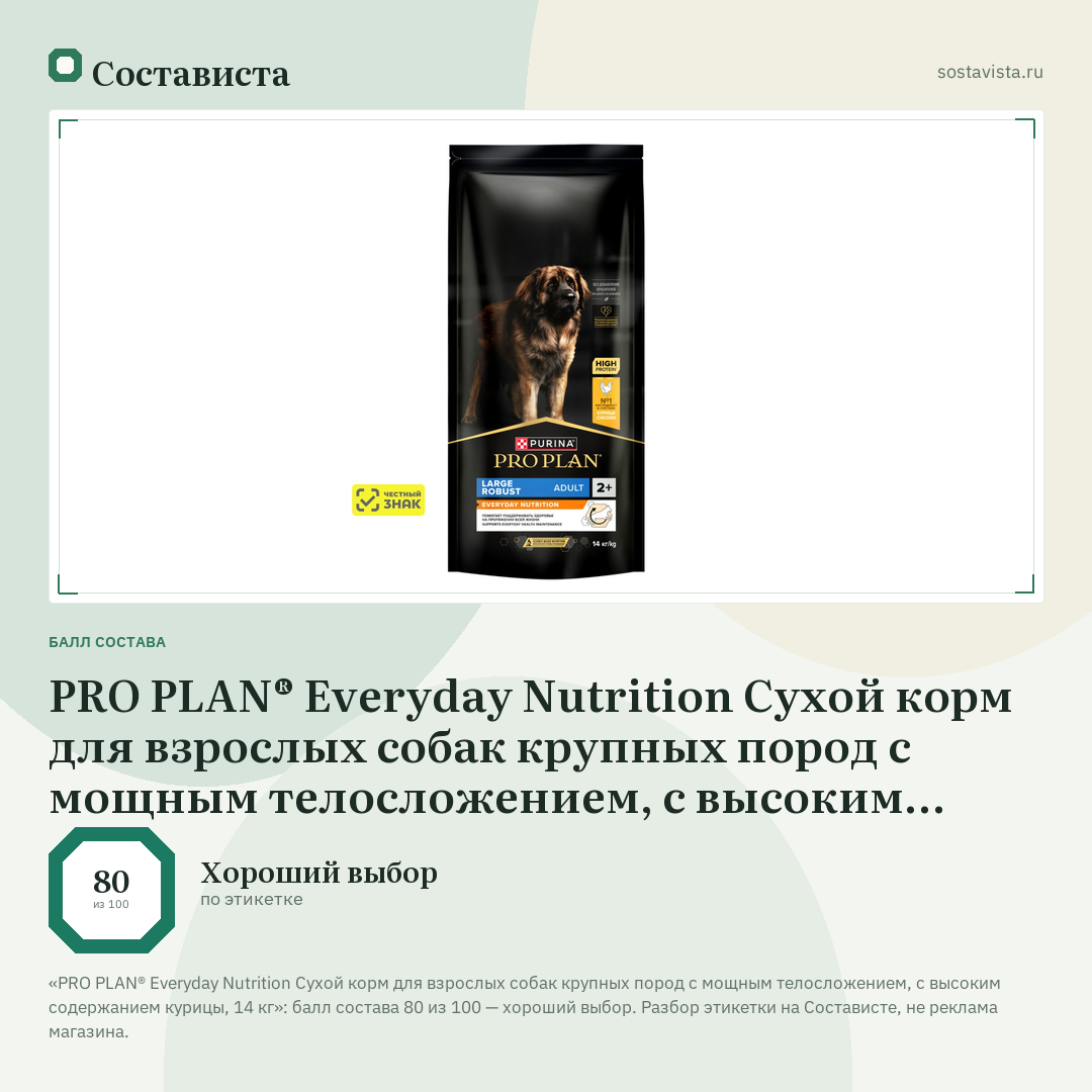 PRO PLAN® Everyday Nutrition Сухой корм для взрослых собак крупных пород с мощным телосложением, с высоким содержанием курицы, 14 кг: балл состава 80 из 100 — Состависта