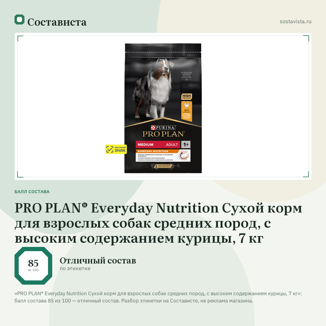 PRO PLAN® Everyday Nutrition Сухой корм для взрослых собак средних пород, с высоким содержанием курицы, 7 кг: балл состава 85 из 100 — Состависта