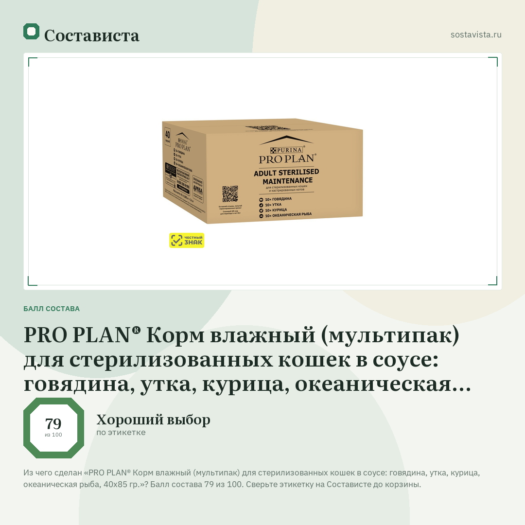 PRO PLAN® Корм влажный (мультипак) для стерилизованных кошек в соусе: говядина, утка, курица, океаническая рыба, 40х85 гр.: балл состава 79 из 100 — Состависта
